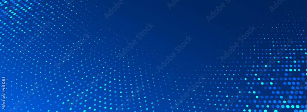 Blue glowing dotted texture. Abstract curved dot grid wallpaper. Circle halftone pattern background. Dark navy backdrop for technology, business, science, healthcare, medicine design. Vector
