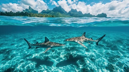 Wall Mural - Two Sharks Swimming in Tropical Waters