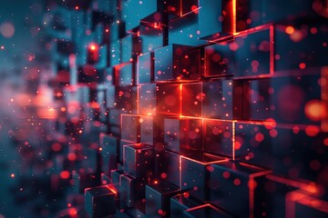 Wall Mural - Abstract background with glowing red light and particles on a wall of black cubes.