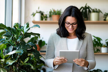 Woman reading on a tablet in a green indoor garden