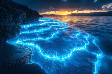 Wall Mural - a bioluminescent bay glowing with natural light at night, showcasing the awe-inspiring beauty of mar