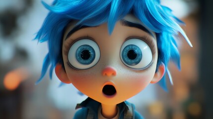 animated character with blue hair and surprised expression