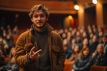 Poster - A young entrepreneur confidently presenting a groundbreaking idea, surrounded by an enthusiastic audience. Concept of innovation and contagious enthusiasm.