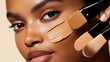 © Morng - Close-up of a woman's face with foundation swatches and makeup brushes, showcasing various tones for perfect skin coverage.