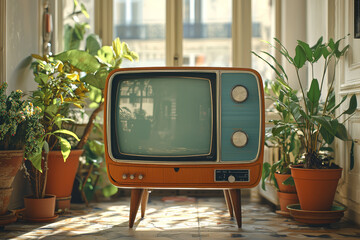 Canvas Print - A 1960s television set with a modern flat-screen display inside, blending old design with new technology. Concept of retro aesthetics with modern functionality.