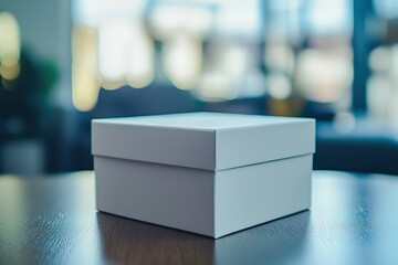 Wall Mural - White Cardboard Box on a Wooden Table