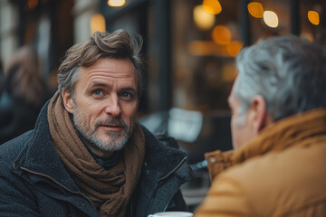 Wall Mural - An entrepreneur discussing a business plan with a mentor in a coffee shop, emphasizing the importance of mentorship and informal business advice.