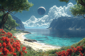 Canvas Print - An artist's impression of a habitable exoplanet with lush landscapes and oceans, reflecting the search for extraterrestrial life. Concept of exoplanet habitability and astrobiology.