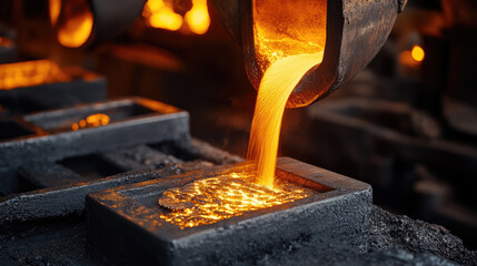 A metal casting is pouring molten metal into a mold. Concept of industry and craftsmanship, as the molten metal is being carefully poured into the mold to create a new object