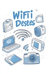 Hand-drawn cartoon illustration featuring various tech gadgets connected by WiFi. Includes camera, smartphone, tablet, and more, highlighting connectivity and modern technology lifestyle.