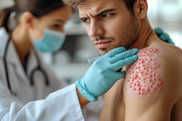 Poster - A person with a visible rash on their arms, consulting a dermatologist for evaluation and treatment of skin conditions. Concept of skin rashes and dermatology.