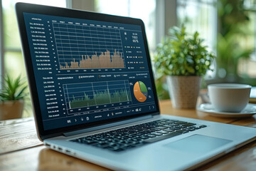 Poster - A detailed financial report with graphs and pie charts displayed on a laptop screen, emphasizing the importance of financial transparency and analysis.