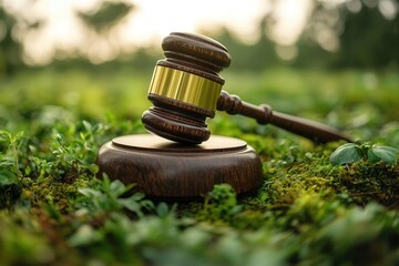 conceptual image of a giant wooden gavel resting on a lush green earth symbolizing global environmen
