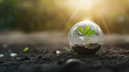 A glass earth globe on the ground with a growing plant, symbolizing nature, green ecology, and a healthy lifestyle.campaign, initiative, action,Earth Day, Climate Week.AI-generated,