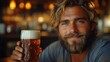 © julija - confident bearded man at bar charismatic individual holds craft beer exuding relaxed charm warm lighting accentuates facial features against blurred bar backdrop