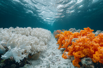 Wall Mural - a vibrant, flourishing coral reef teeming with marine life contrasted with a bleached, dead coral re