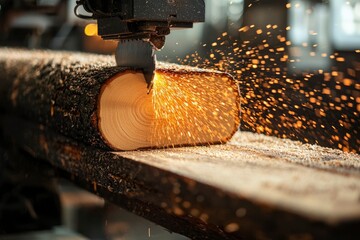 Closeup of a Saw Cutting a Log with Sparks Flying