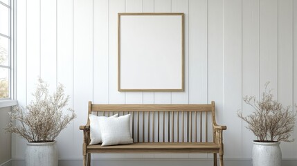 Farmhouse interior design of modern home entryway Country hall with wooden bench and mock up blank poster frame on white wall