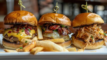 Poster - Three Gourmet Sliders with Bacon, Cheese, and Pulled Pork Toppings