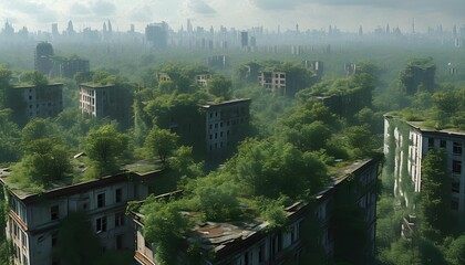 Wall Mural - Eerie urban jungle of abandoned buildings entwined with overgrown trees, depicting a haunting post-apocalyptic landscape from above