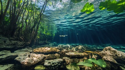 Wall Mural - Underwater World of Sunbeams and Lily Pads