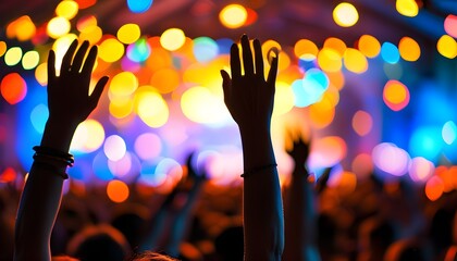 Wall Mural - Euphoric moment of celebration at a vibrant concert filled with colorful bokeh lights and an energized crowd