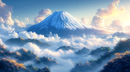 Wall Mural - a majestic snow-capped mountain peak rises above a sea of clouds, with green and autumnal forest in 