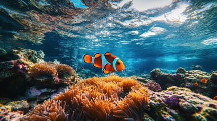 Wall Mural - Clownfish Swimming in a Vibrant Coral Reef