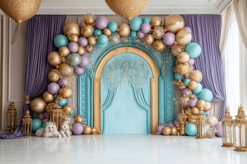 Wall Mural - A room with a blue archway and gold balloons