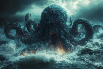 Wall Mural - a massive, tentacled sea monster rising from the depths of a stormy ocean, creating waves and chaos.