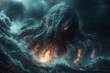 Wall Mural - a colossal, tentacled leviathan with bioluminescent markings, rising from an underwater trench. conc