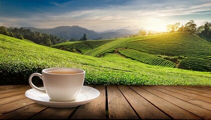 Tea cup with green tea leaf on the wooden table and the tea plantations background