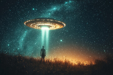 Poster - A classic, saucer-shaped UFO with bright white lights, darting quickly across a night sky filled with stars. Concept of traditional UFO sightings and stellar backdrops.