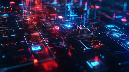 Abstract futuristic digital circuit board background, glowing red and blue lights representing advanced technology and computing innovation.