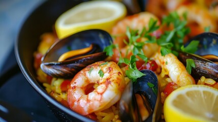 Wall Mural - Seafood paella with lemon slices and herbs in a pan, close-up view. Traditional Spanish cuisine and culinary art concept