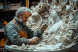 © Sebastian - A baroque sculptor chiseling a grand marble statue in an open-air workshop, surrounded by completed works. Concept of sculpture and artistic ambition.