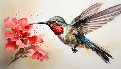 Wall Mural - A vivid image of a hummingbird hovering and feeding from a bright red flower. The close-up captures the delicate details of the bird's feathers and the flower's petals, highlighting the beauty and