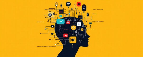 Silhouette of an adult head filled with colorful digital icons representing technology and communication in a modern interconnected world