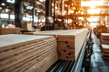 Wall Mural - Stacked Wooden Panels on a Conveyor Belt in a Factory