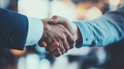 Close-up of two individuals shaking hands, symbolizing agreement, partnership, and successful business collaboration in a blurred background.