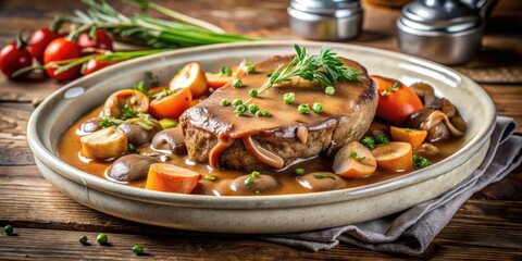 Delicious tender veal with mushrooms served in deep dish filled with gravy