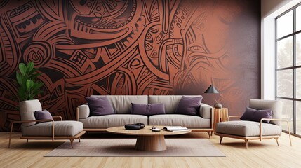 Modern Living Room with Abstract Tribal Pattern Wall Decor