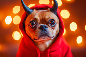 Dog at Halloween party in red hoodie with devil horns on bright background.