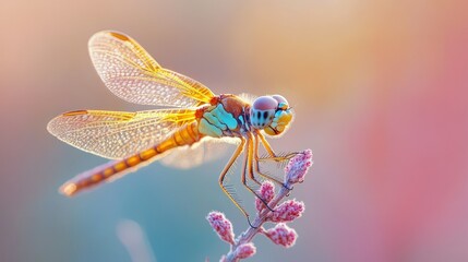 Wall Mural - A dragonfly with iridescent wings rests on a pink flower with a soft background.