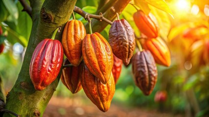 Close-up of red orange cocoa pods on a tree in the setting sun rays