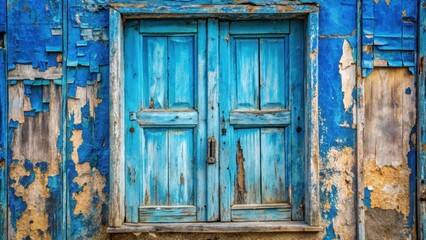 Old blue wooden window and door with peeling paint , vintage, weathered, rustic, antique, architecture, retro