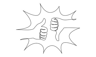 Leinwandbilder - Thumbs up and down in one continuous line drawing. Hand showing like and dislike in simple linear style. Positive and negative finger in editable stroke. Doodle outline vector illustration