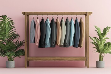 Elegant wooden wardrobe with a variety of clothes hanging on black hangers, showcasing colorful and neatly arranged garments in a modern closet.
