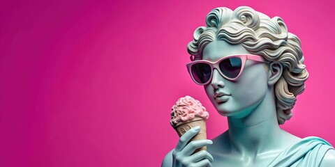 Greek goddess statue wearing sunglasses enjoying ice cream on a vibrant pink background, Greek goddess