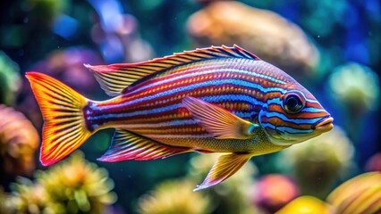 Colorful tucunare temensis fish with striped pattern swimming in aquarium , Fish, tucunare, temensis, colorful, striped